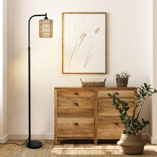 Miniatura 7 de LAMSU Lámpara de pie con control remoto, lámpara de pie de ratán regulable con bombilla LED, lámpara de poste alto industrial negra con pantallas