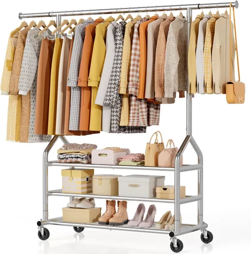 Miniatura 15 de EAGMAK Perchero de ropa resistente con capacidad de carga de 192 kg, perchero enrollable con estantes, colgador de ropa ajustable de metal