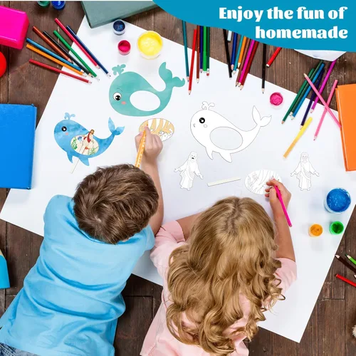 Miniatura 6 de Liliful Kit de manualidades para colorear tu propio Jonás y la ballena de 24 piezas para niños, escuela dominical, religioso, cristiano