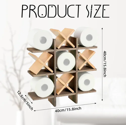 Miniatura 2 de Weysat Soporte de Papel Higiénico Tic Tac Toe Decoración de Pared de Baño Almacenamiento Colgante de Madera Rústica Estantes Independientes Montados