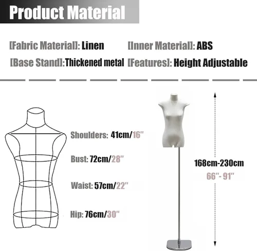 Miniatura 4 de Adjustable Female Mannequin Torso Dress Form with Anti-Fingerprint Metal Stand, 66-91 Inch Height for Tailoring, Sewing, Retail Displays & Fashion