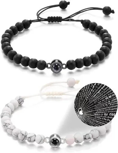 Miniatura 7 de Pulseras, elegante pulsera para parejas con 100 idiomas "I Loves You" Proyección en cristales mate piedra portátil para aniversarios