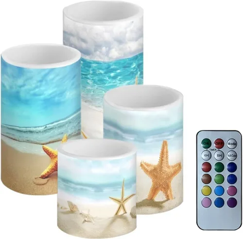 Velas LED parpadeantes operadas por batería, juego de 4 con control remoto y temporizador, velas de llama danzante, velas de pilar para mesa, Playa