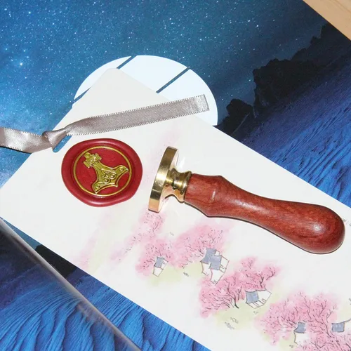 Miniatura 3 de Sello de cera, martillo de Thor, cabezas de sello de cera para boda, cabeza de latón extraíble, mango de madera, nudo celta, sello de cera