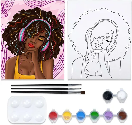 Kit de Fiesta de Pintura en Lienzo Pre-Dibujado para Pintar y Sorber para Adultos Niña con Auriculares Kit de Pintura Regalo de Cumpleaños (8x10)
