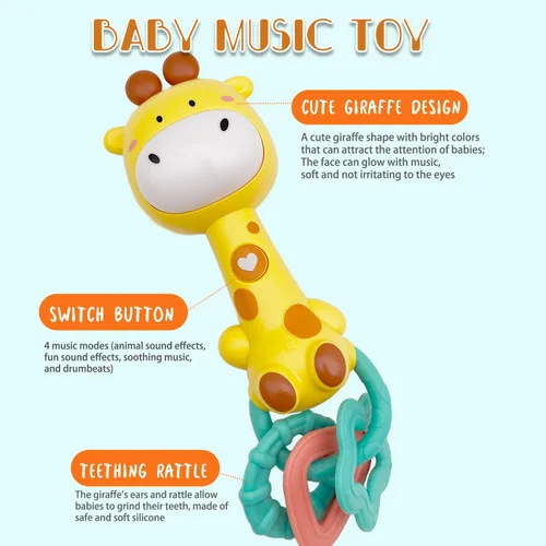 Miniatura 2 de Sonajero musical de jirafa amarilla brillante para bebé, mordedor iluminado y masticable sensorial, goma suave sin BPA, baby shower y regalo