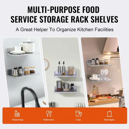 Miniatura 8 de VEVOR Estante de pared de acero inoxidable, 8.6 x 16 pulgadas, paquete de 2 con protector contra salpicaduras, soporta 44 libras, ideal para cocina