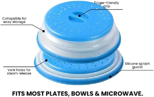 Miniatura 4 de Cubierta para salpicaduras de microondas cubierta de microondas para alimentos sin BPA, 10.5 pulgadas, redonda con mango de agarre (azul)