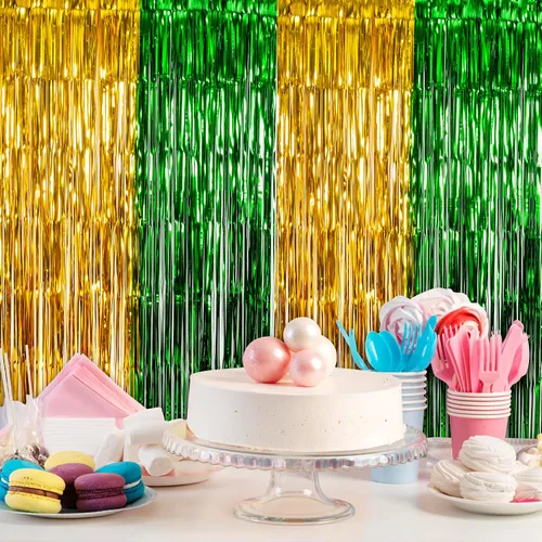 Miniatura 4 de LOLStar Paquete de 2 decoraciones de fiesta de graduación verde y dorado 2025, cortinas de flecos de aluminio de 3.3 x 6.6 pies, accesorios
