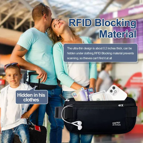 Miniatura 104 de DAITET Cinturón de dinero, soporte para pasaporte, cartera de viaje oculta segura con bloqueo RFID, riñonera encubierta (negro), Negro, Rfid