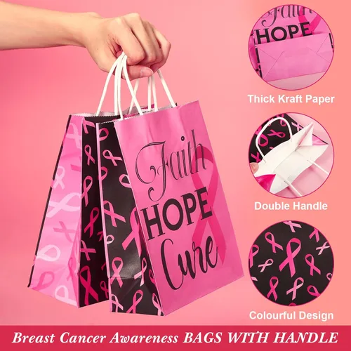 Miniatura 3 de Pajean 24 bolsas de regalo para concientización sobre el cáncer de mama con papel de seda, bolsas de regalo de cinta rosa, bolsas de golosinas