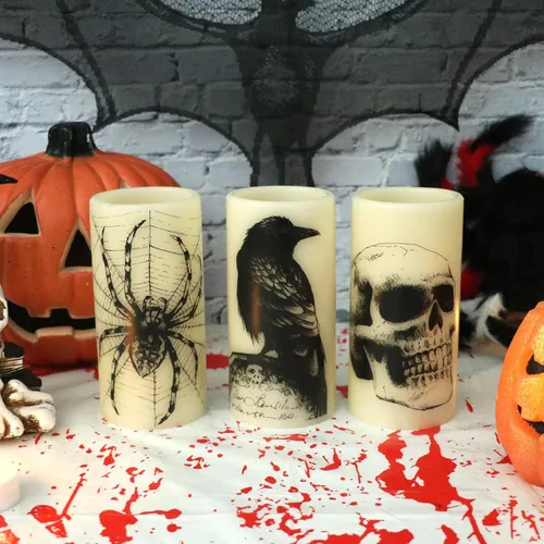 Miniatura 4 de Eldnacele Velas LED sin llama parpadeantes de Halloween, funcionan con pilas, con temporizador de 6H, calcomanías de calavera, telaraña, cuervo