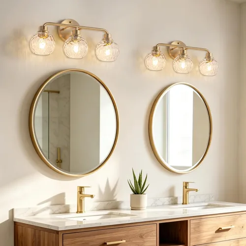 Miniatura 6 de Lámparas de baño doradas para tocador, 3 luces, apliques de pared, luces de latón cepillado con pantalla de vidrio martillado, lámpara de pared