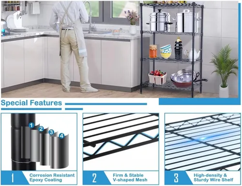 Miniatura 5 de Estantes de almacenamiento de 4 niveles, organizador de estantes de alambre, altura ajustable, estantes de metal resistentes certificados por NSF