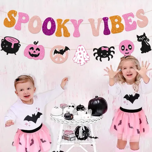 Miniatura 4 de Pancarta de Halloween espeluznante decoración espeluznante hippie guirnalda de Halloween groovy retro fantasma murciélagos araña, gatos, calavera