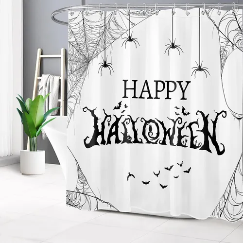 Miniatura 24 de LB Cortina de ducha espeluznante de Halloween, árbol muerto espeluznante con tela de araña de murciélago, cortina de ducha de baño con temática