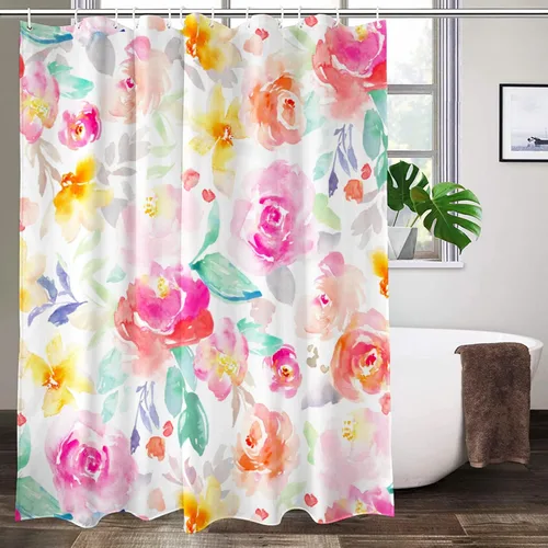 Lovetar Cortina de ducha con diseño de flores de acuarela brillante, diseño femenino, tela impermeable, lavable, juego de cortinas de baño para baño
