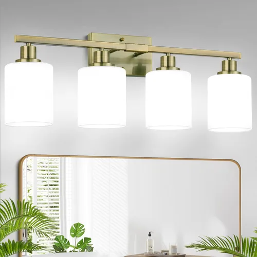 Miniatura 11 de MOKATNG Juego de 2 apliques de pared para baño, luces de tocador modernas negras con pantalla de vidrio blanco, lámpara de pared de baño