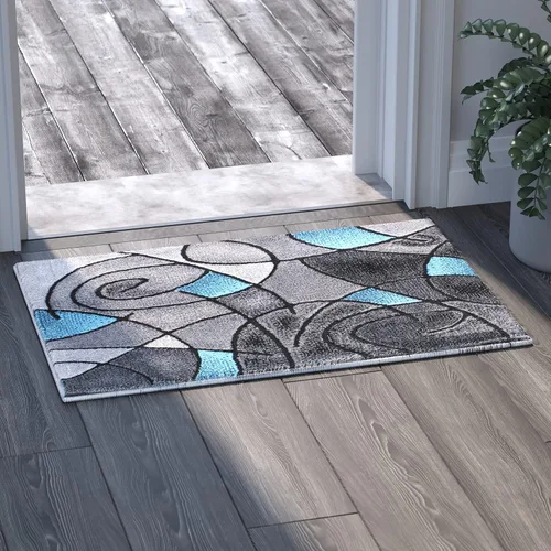 Miniatura 4 de EMMA + OLIVER Alfombra decorativa de olefina de felpa, patrón geométrico abstracto, tonos grises degradados con detalles azules vibrantes, 2 x 3