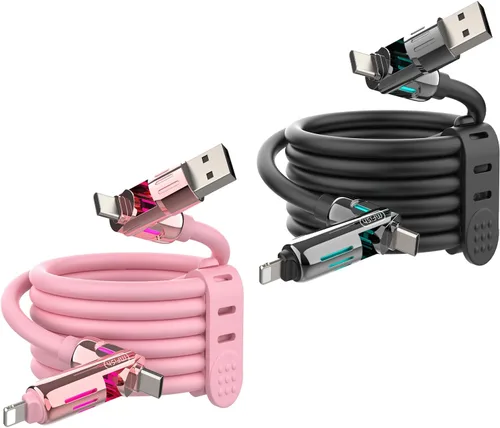 Miniatura 12 de MFish Cable de carga USB 4 en 1 con funda de transporte, cable de carga rápida de 240 W, USB-A y USB-C dual a USB-C/Lightning, para iPhone Negro