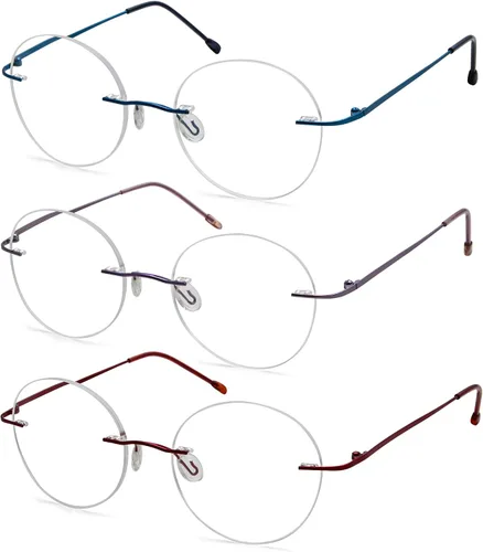 Eyekepper Paquete de 3 lentes de lectura redondos de metal sin montura para mujeres y hombres, lectores circulares sin marco (azul/rojo/púrpura) +