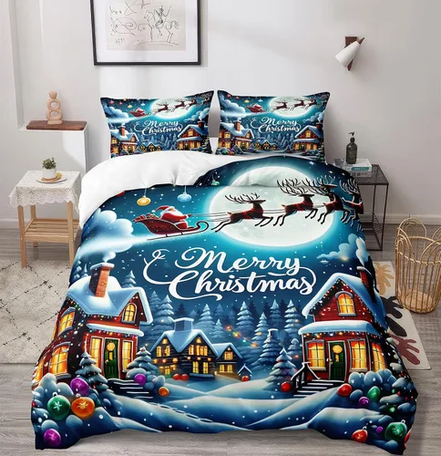 Miniatura 39 de Herside Juego de funda de edredón de Navidad, tamaño Queen, colorido patrón navideño impreso, bonita decoración navideña, microfibra suave, funda