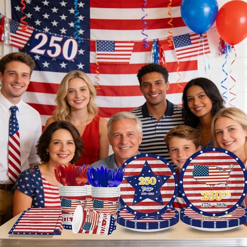 Miniatura 7 de 168 piezas de suministros para fiesta del Día de la Independencia del 4 de julio, platos y servilletas, tazas, cuchillo y tenedor para 250