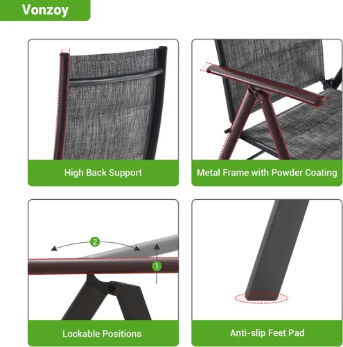 Miniatura 6 de Juego de 2 sillas plegables para patio, sillas de patio al aire libre con asiento acolchado de algodón de textileno suave y respaldo ajustable de 7