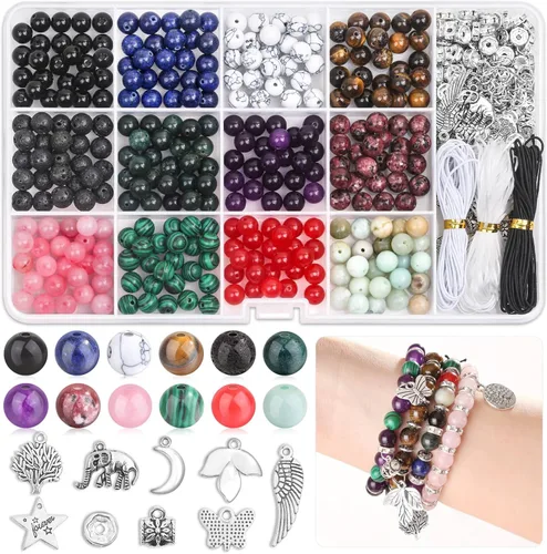 PAXCOO Kit de fabricación de joyas de piedra de 473 piezas, kit de fabricación de pulseras de piedra de cristal para adultos, cuentas curativas