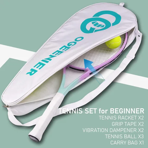 Miniatura 3 de OGEENIER Juego de 2 raquetas de tenis para adultos, 27 pulgadas preencordadas para principiantes, juego de raquetas de tenis de aluminio ligeras