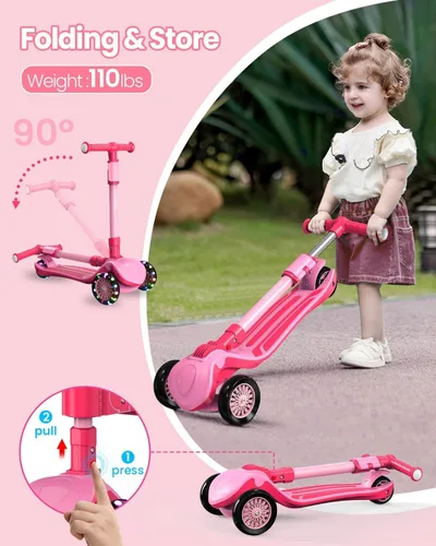 Miniatura 6 de Patinete ajustable 2 en 1 para niños de 3 a 5 años (adecuado de 3 a 12 años), manillar de 5 niveles y asiento extraíble, ruedas con luces LED, Rosa