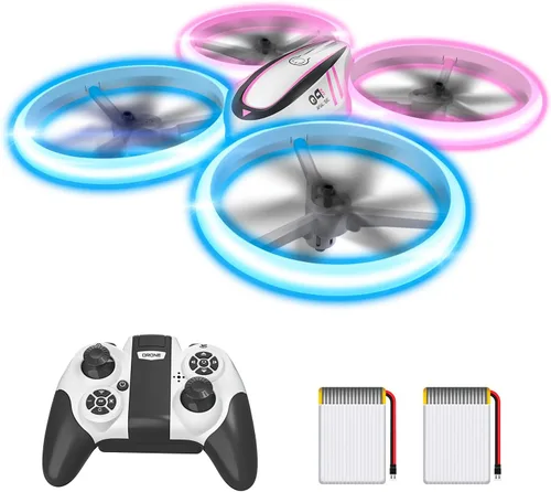 Q9s Drones para niños, dron RC genial con retención de altitud y modo sin cabeza, cuadricóptero de pasatiempos con luz azul y rosa, 2 baterías y