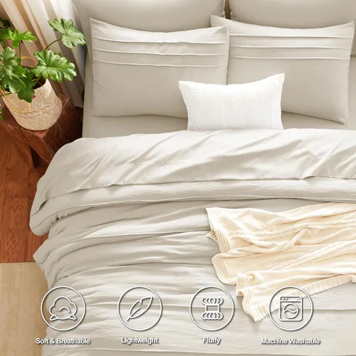 Miniatura 2 de CozyLux Juegos de Edredón Tamaño Full Beige, 7 Piezas Suave Plisado Pinch Pleat Cama en una Bolsa Juego de Edredón Full con Sábanas, Juego de Cama
