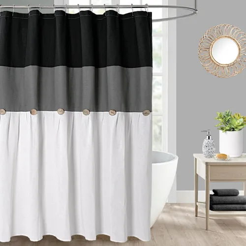 Miniatura 46 de DOSLY IDÉES Cortina de ducha de casa de campo, rayas beige y gris, cortina con botones, tela tejida de lino y algodón, estilo rústico con encanto
