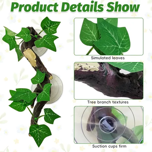 Miniatura 3 de PINVNBY 2 piezas de decoración de plantas de terrario de rama de esquina de reptiles con ventosa de resina para anfibios, lagartos y serpientes