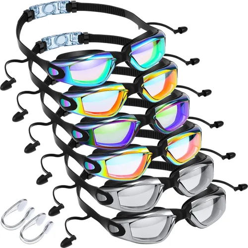 Flutesan Paquete de 6 gafas de natación para adultos, antiniebla, con tapones para los oídos, clip para la nariz, sin fugas, protección completa