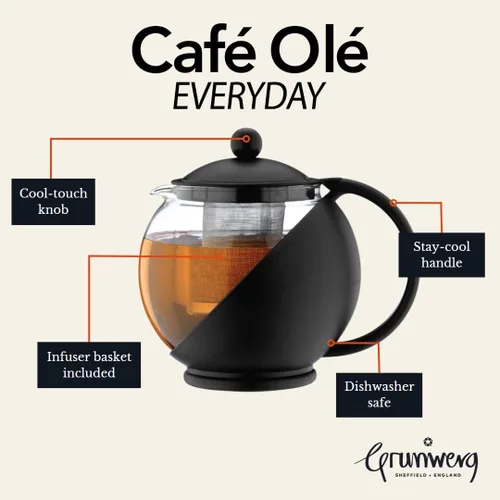Miniatura 6 de Café Ole - Tetera redonda con hojas sueltas, para uso diario, tetera de cristal, color negro, 40.6 fl oz