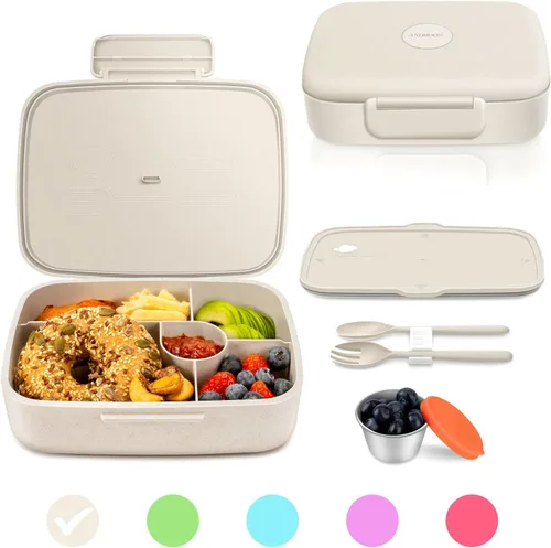 Lonchera Bento, contenedor de almuerzo de 5 compartimentos para niños y adultos con taza de aperitivos, cajas de fibra de trigo ecológicas con doble