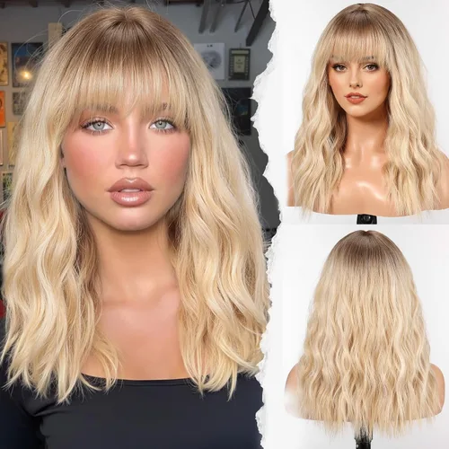 Miniatura 10 de HAIRCUBE Peluca larga con flequillo, pelucas sintéticas onduladas para mujer, color castaño rojizo