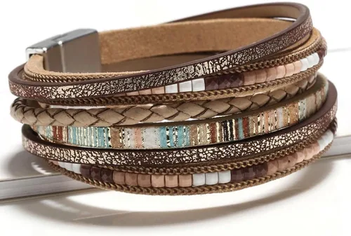Miniatura 2 de Amoina Pulseras de cuero para mujer, estilo bohemio, leopardo, multicapa, cuentas de cristal, pulsera de joyería, Ágata