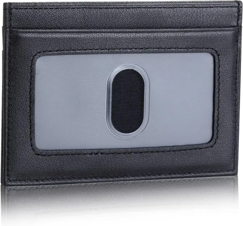 Miniatura 3 de Tarjetero delgado de cuero, pequeño estuche de identificación para hombres y mujeres (negro)