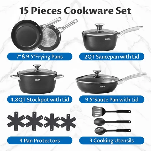 Miniatura 2 de BEZIA Juego de utensilios de cocina de inducción de 15 piezas, ollas y sartenes antiadherentes con revestimiento de cerámica, juego de ollas