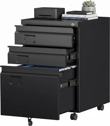 Archivador de metal de 3 cajones con ruedas, archivador rodante debajo del escritorio para tamaño A4/carta/legal, archivador móvil con cerradura