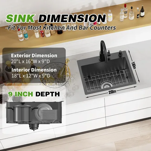 Miniatura 4 de Fregadero negro de cocina y bar, fregadero de cocina de acero inoxidable de 20 x 16 pulgadas, moderno fregadero de barra de montaje en la parte
