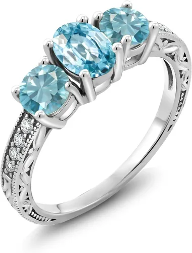 Miniatura 6 de Gem Stone King Anillo de compromiso de 3 piedras preciosas de oro blanco de 10 quilates con piedra natal y diamantes cultivados en laboratorio
