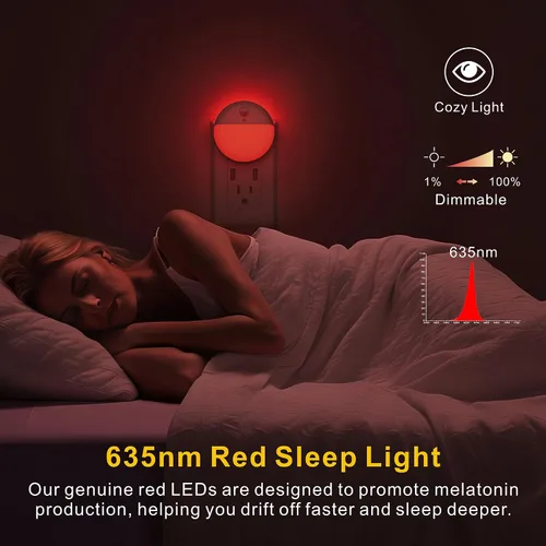 Miniatura 2 de YUNLEX Paquete de 2 luces nocturnas rojas enchufables con sensor de movimiento y sensor de atardecer a amanecer, 3 modos, brillo suave, 0% luz azul