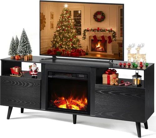 WLIVE Soporte de TV con chimenea para TV de 55 y 65 pulgadas, centro de entretenimiento de mediados de siglo con chimenea eléctrica, consola de TV