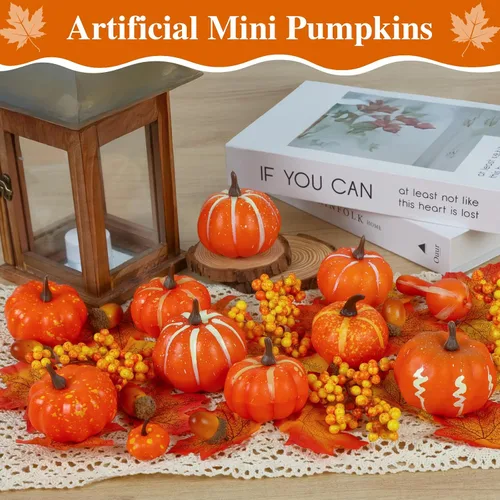 Miniatura 6 de Juego de 51 mini calabazas artificiales para decoración de otoño, calabazas de plástico de espuma con hojas de otoño, pequeñas decoraciones de otoño