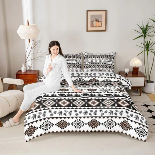 Miniatura 3 de Castle Fairy Juego de edredón con estampado azteca occidental, juego de ropa de cama geométrica a rayas marrones para niños y adolescentes