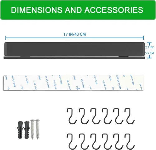 Miniatura 5 de YIIYIIN Soporte magnético para cuchillos de 17 pulgadas para pared, sin taladro, tira magnética adhesiva para cuchillos con 12 ganchos, varillas